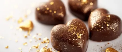 Heart-shaped chocolate truffles with gold accents on a white background