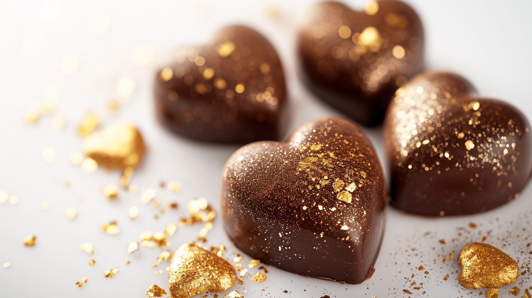 Heart-shaped chocolate truffles with gold accents on a white background