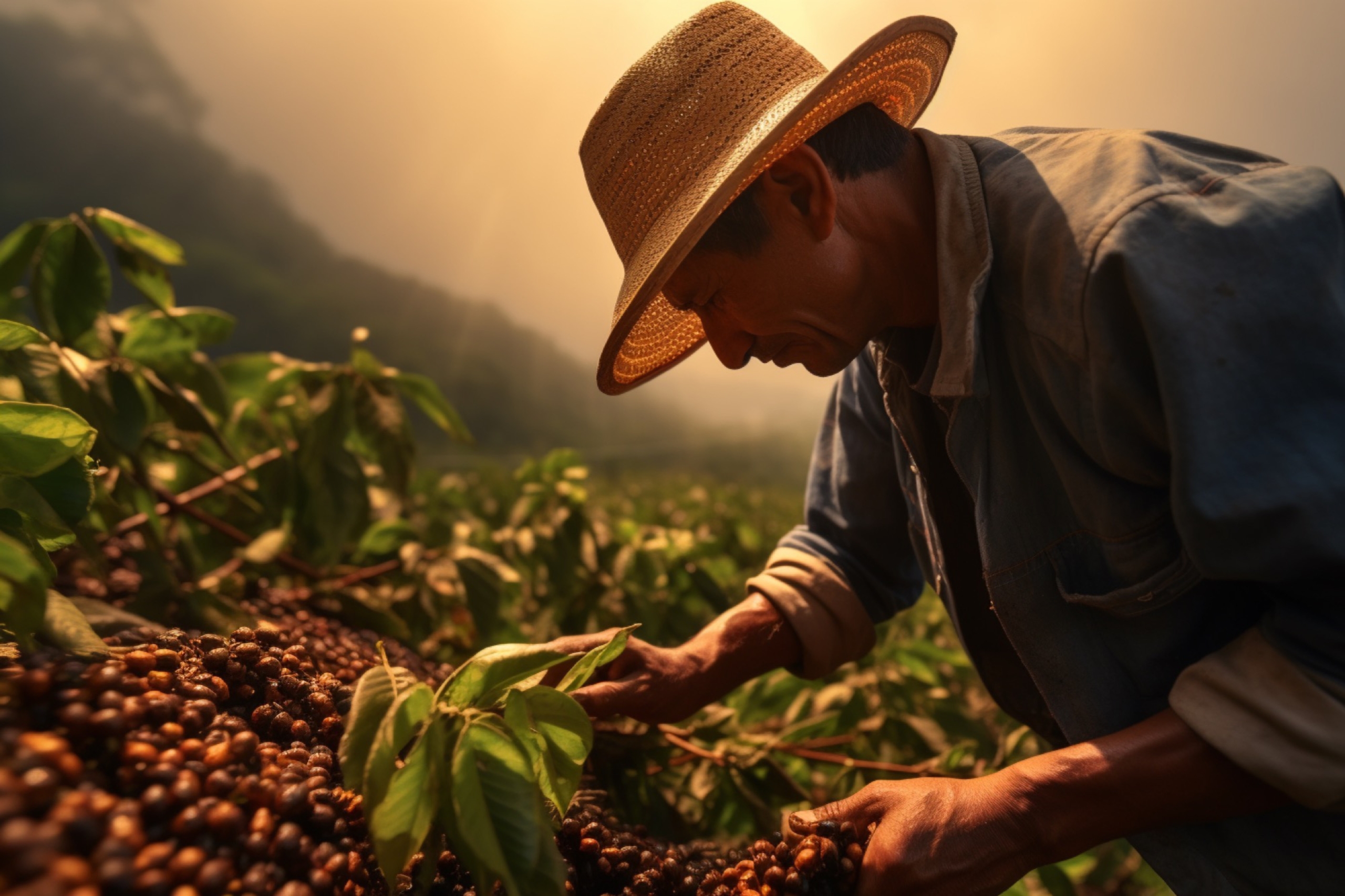 Man worker collecting holding coffee beans harvesting fresh soft